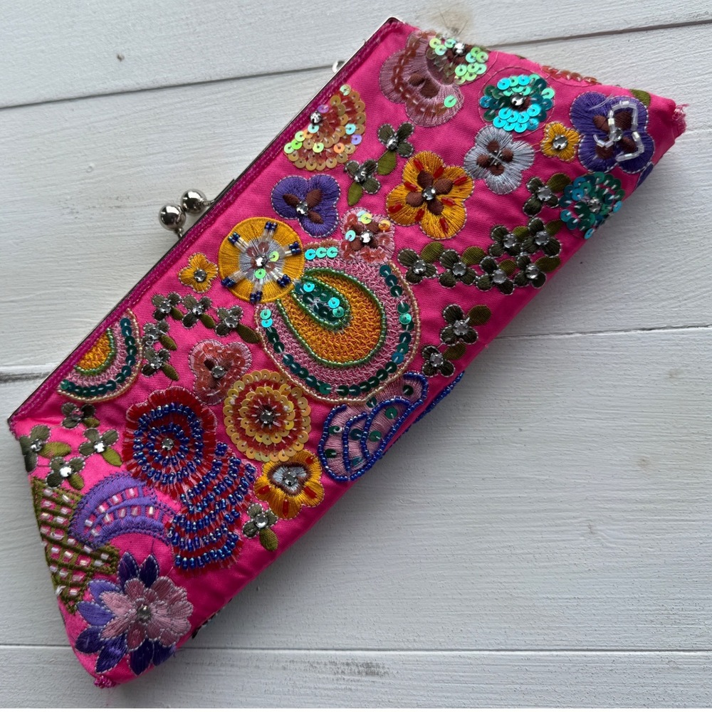 Hot Pink Embroidered Sequin Beaded Floral Clutch Evening Bag